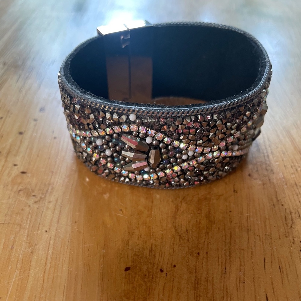 Beaded Bracelet Magnet Clasp 2” wide Faux Leather Rhinestone & Silver Beads